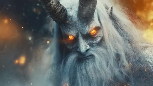 Krampus close-up portrait with long beard and evil flaming eyes on blurred night background. Scary Christmas devil. Happy St. Nicholas Day. New Year's Eve