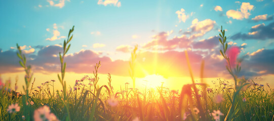 Obraz premium sunrise in the blue sky of spring and plants background 4