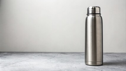 Insulated metal flask on a minimalist gray background, functional product, metallic object, sleek shape