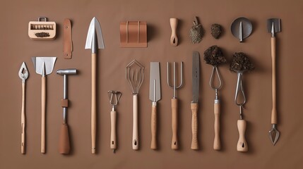 A flat lay of various gardening tools lined up horizontally against a brown background.
