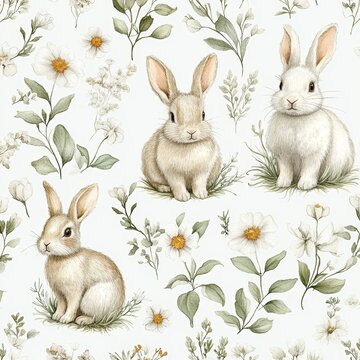 Watercolor seamless pattern of rabbits and flowers in spring with cute white hares, green leaves, and floral designs for fabric and decoration