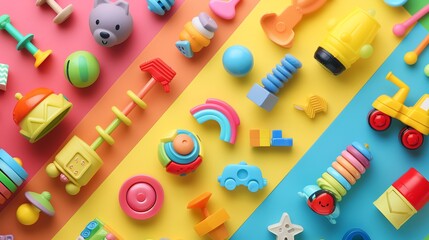 A flat lay of colorful children's toys on a rainbow background.