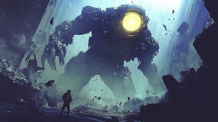 Obraz premium Muscular Alien Creature Emerging from Destroyed Cityscape with Human Figure in Awe