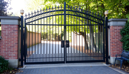Элегантные кованые ворота с кирпичными столбами, ведущие к спокойной дорожке
