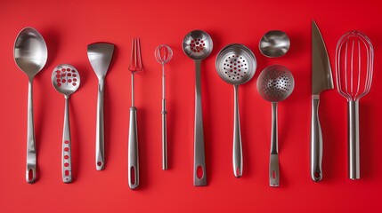 A collection of silver kitchen utensils arranged in a row on a red background.