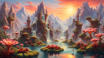 Fantasy landscape with waterfalls, mountains, and pink flowers at sunset.