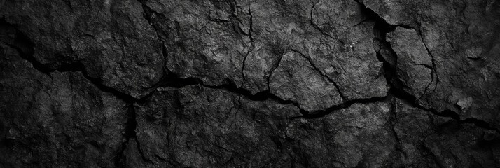 Fototapeta premium Close-up of Black Rock Texture Rugged Surface with Cracks and Dark Tones Abstract Patterns