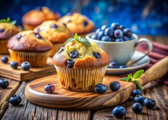 Freshly Baked Blueberry Cupcake Muffin Cake Displayed on a Rustic Kitchen Counter with Natural Light and Vibrant Colors Capturing the Essence of Homemade Deliciousness