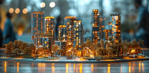 Modern city model on table with business team, real estate developers, architects, and businessmen discussing new project in office
