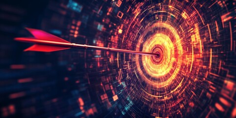Obraz premium Dynamic abstract representation of a digital target with an arrow hitting the center creating a burst of colors