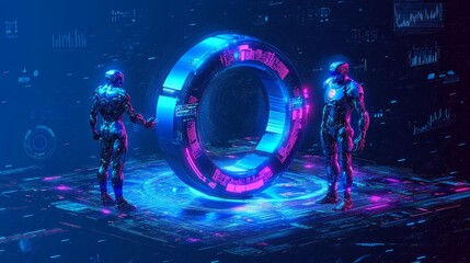 Futuristic Robots with Infinity Symbol and Cyberpunk Technology Illustration