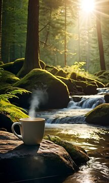 Calm Forest Stream with Hot Coffee