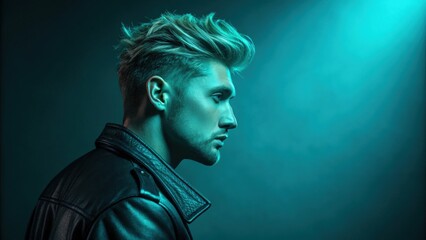 Bathed in a cool teal spotlight the portrait exudes a modern and edgy feel. The light accentuates angular features and sculpted while the surrounding darkness creates a captivating