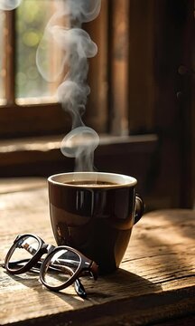 Coffee and Glasses on Wooden Table