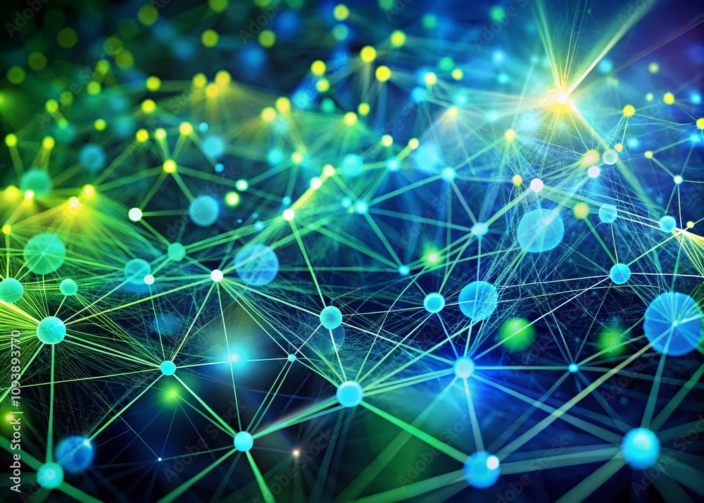 Wall mural Futuristic Data Technology Illustration with Bokeh Effect Showcasing a Network of Dots Connected by Lines in Blue and Green Hues for High-Tech Visuals and Digital Innovation