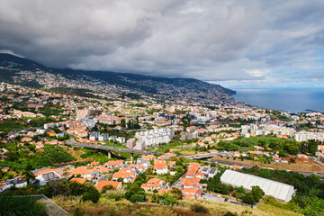 Aerial drone view of Funchal town, Madeira island, Portugal