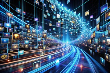 Fototapeta premium Futuristic Data Analytics Concept: Long Exposure Image of Efficiently Organized Files and Sorting Large Data Sets on a Dark Background with Structured Information Flow