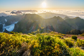 View of mountains over clouds from Pico Ruivo on sunset. Madeira island, Portugal
