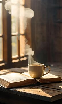 Coffee on Open Book on Table