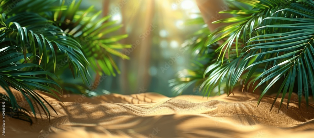 Poster palm leaf shadows on sandy beach background for design projects