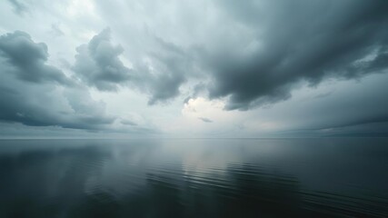 Obraz premium Mysterious black clouds suspended above a still lake, suspended clouds, serene atmosphere