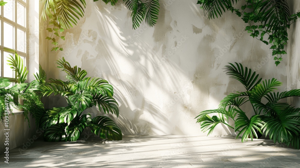 Poster white wall with plant leaf shadow - minimal abstract background for product presentation