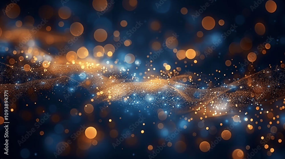 Poster golden and blue bokeh lights background with sparkling particles and glowing effects for holiday and