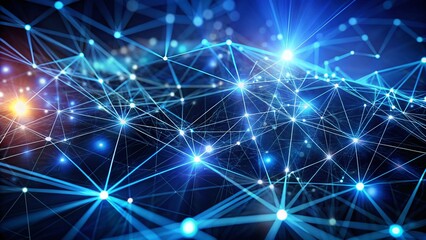 Futuristic Network Design in Long Exposure, Showcasing a Complex Digital Landscape Against a Dark Blue Geometric Background in Technology and AI Concepts