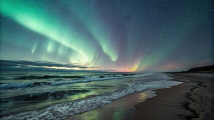 Northern lights dance over Baltic Sea in Jantar India with gentle waves in the background, jantar, night scene, calm ocean