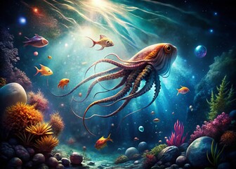 Futuristic Sea Creature with Tentacles in a Dark Underwater World, Abstract Motion Background for Holiday and Futuristic Themes, Vintage Style Photography