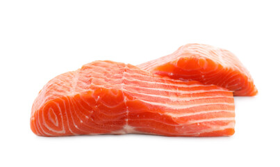 Pieces of fresh salmon isolated on white