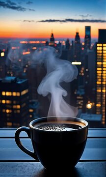 Hot Coffee with City Lights Behind