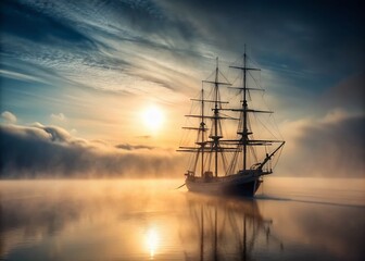 Fototapeta premium Ghostly Silhouette of a Ship Emerging from Dense Fog at Dawn, Capturing the Mystique of the Sea and the Enigma of Maritime Legends