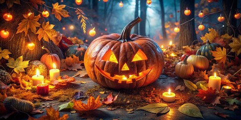 Fototapeta premium Glowing Jack-O'-Lantern in Autumn Night: Eerie Halloween Scene with Fallen Leaves and Distant Pumpkins, Creating a Spooky Atmosphere for Seasonal Celebrations