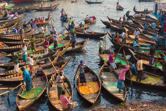 Ferry boats on Buriganga River at Sadarghat (City Wharf), Dhaka River Port, Dhaka, Bangladesh