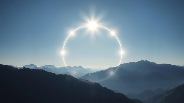 Parhelic circle with multiple bright spots and mountain landscape, circular rainbow, optical illusion