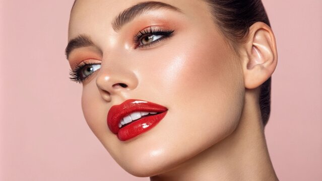 An image of a woman with a bold crimson hue blending into a delicate peachy pink the high gloss amplifying the vibrancy as her lips part slightly to reveal a hint of a playful