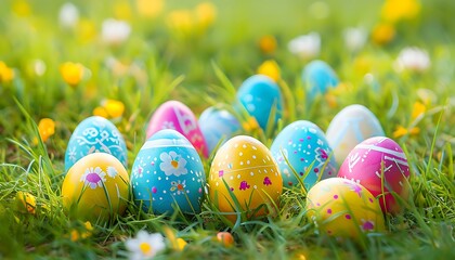 colorful easter eggs in a grassy field