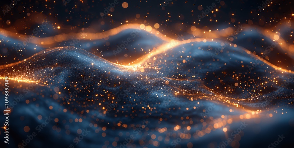 Poster dark blue and gold abstract background with glitter and glowing particles