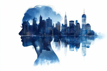 Silhouette of Woman Over City Skyline Reflection