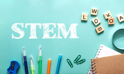 A blue background with a white word that says STEM