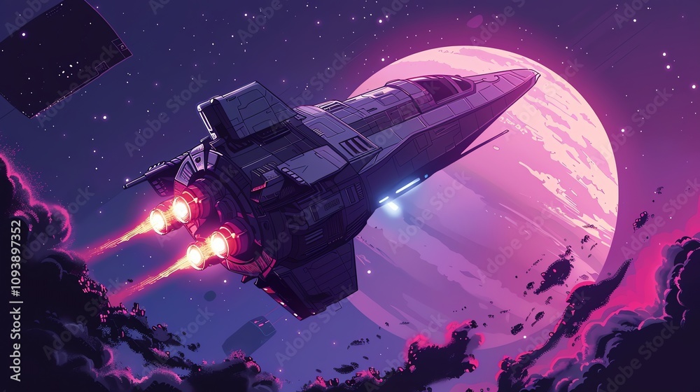 Wall mural a spaceship taking off from a planet in outer space.