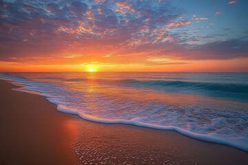 Stunning sunset beach scene with vibrant colors over calm ocean waves and golden sand