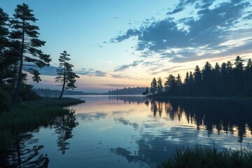 Fototapeta premium Peaceful lake at sunset with soft blue gradient and reflecting trees, sunset ambiance, natural beauty, peaceful lake, tranquil environment