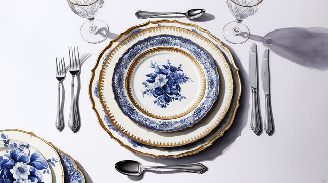 Watercolor, table setting with cutlery, china with formal pattern, plain white background