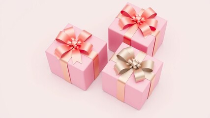 Obraz premium Pink Christmas gifts wrapped in matching bows on a simple background, bow decoration, pink ribbon, colored paper