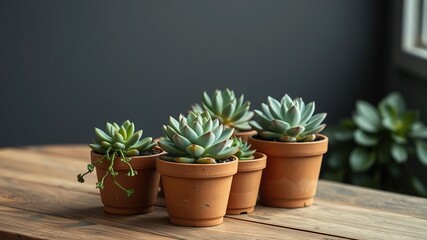 Fototapeta premium Potted Succulents on a Wooden Table, rustic, succulent plants, industrial chic
