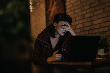 A business person works late at night in a dimly lit, cozy coffee shop, appearing thoughtful and...