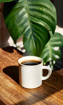 Steaming Coffee and Plant on Wooden Surface