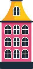 Naklejka premium This vector illustration features a pink apartment building facade with a yellow roof, perfect for real estate or architecture projects